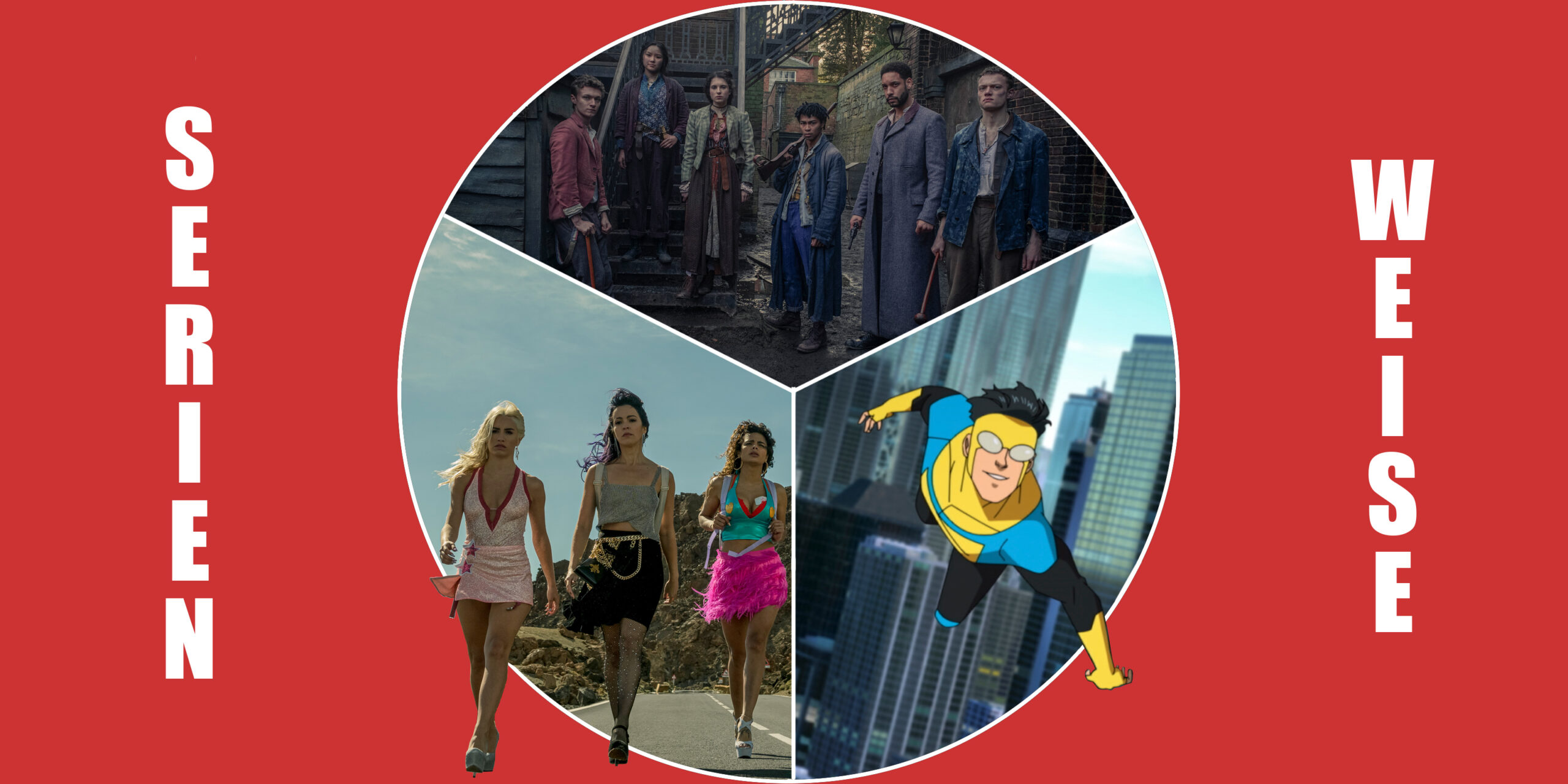 "Sky Rojo" und "Die Bande aus der Baker Street" (c) Netflix / "Invincible" (c) Amazon Prime Video