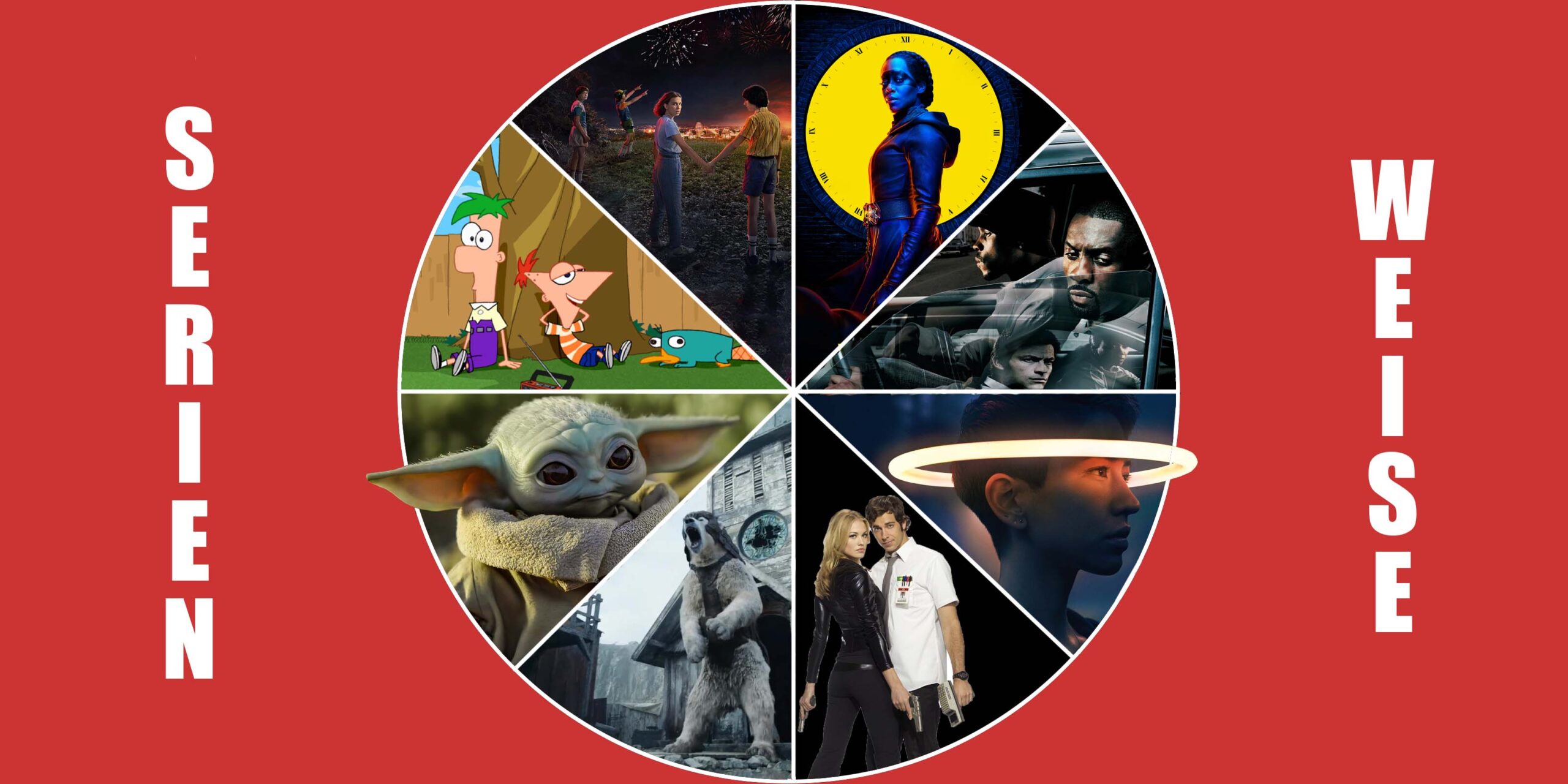 "Stranger Things" (c) Netflix / "The Mandalorian", "Phineas & Ferb", "Devs" (c) Disney / "The Wire", "Watchmen", "His Dark Materials" (c) Sky Deutschland / "Chuck" (c) Amazon Prime Video