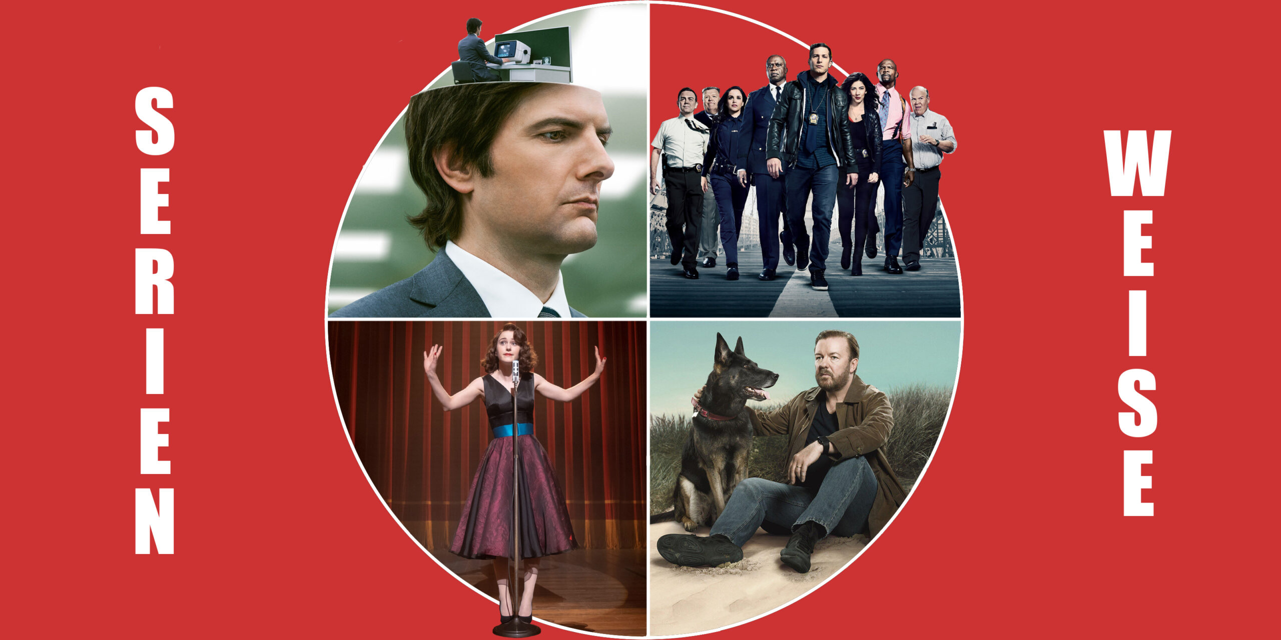 "Severance" (c) Apple / "Brooklyn Nine-Nine" und "After Life" (c) Netflix / "Marvelous Mrs. Maisel" (c) Amazon Prime Video