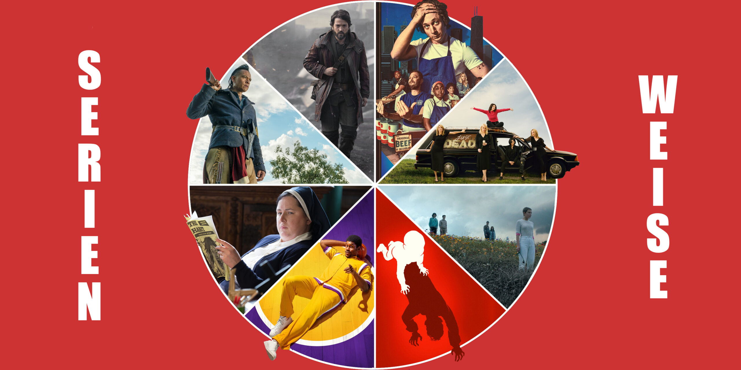 "Andor" und "The Bear" (c) Disney+ / "Derry Girls" und "Stranger Things" (c) Netflix / "The Baby" und "Winning Time" (c) Wow / "The English" (c) Magenta TV / "Bad Sisters" (c) Apple TV+
