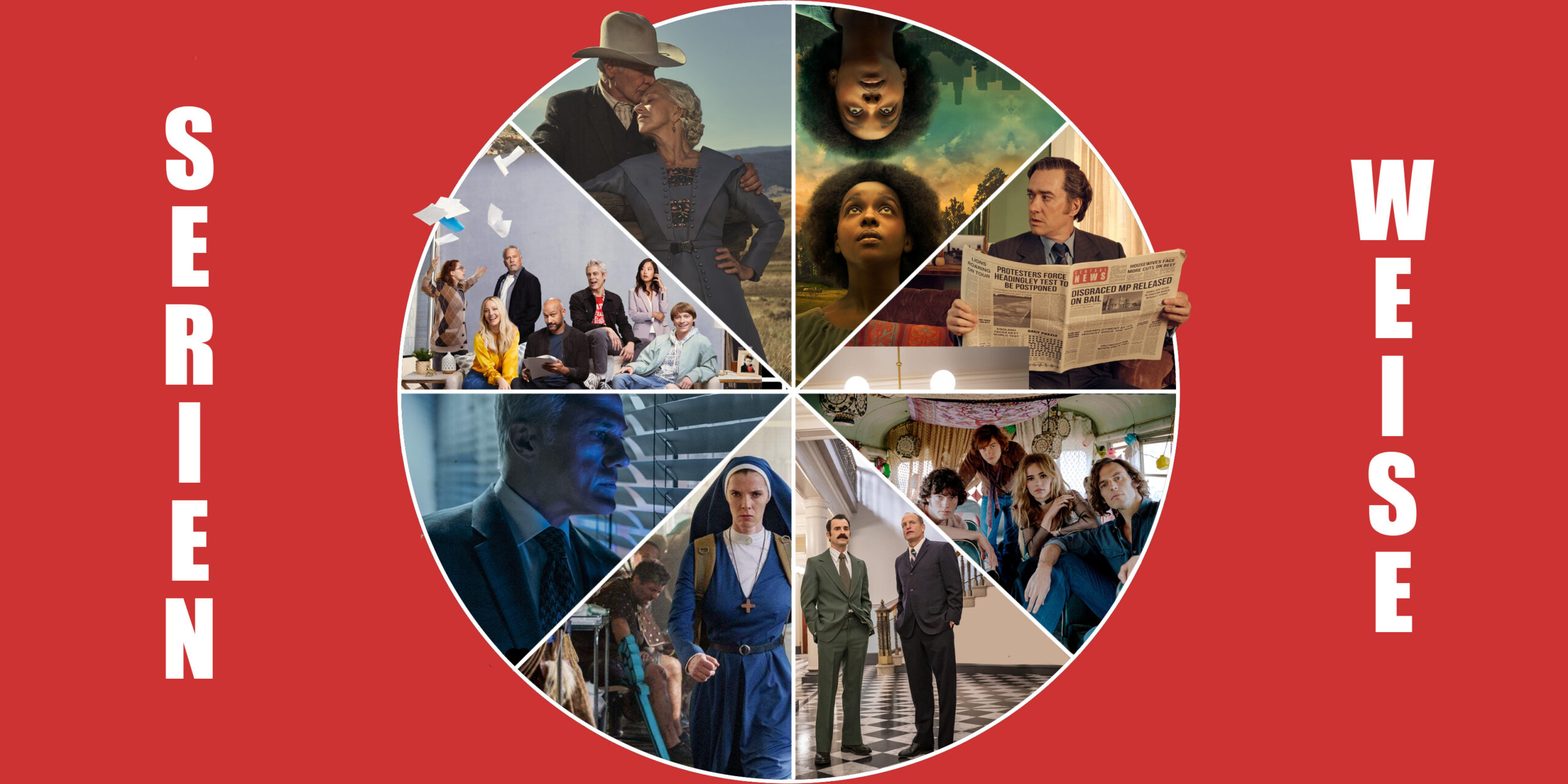 "1923" (c) Paramount+ / "Kindred" und "Reboot" (c) Disney+ / "Stonehouse" (c) ITV / "Daisy Jones and the Six" und "The Consultant" (c) Prime Video / "White House Plumbers" (c) Wow / "Mrs Davis" (c) Peacock