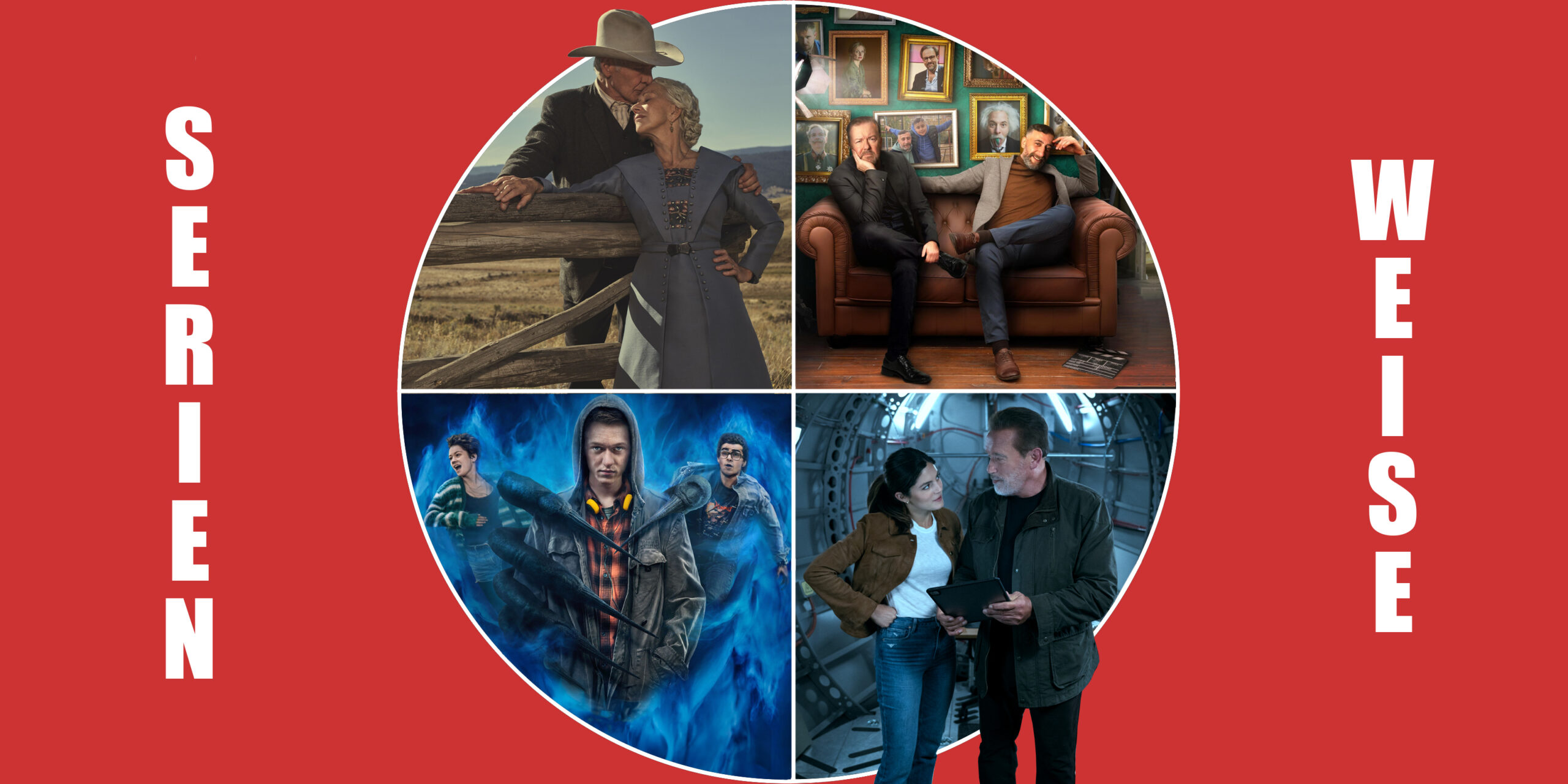 "1923" (c) Paramount+ / "Der Greif" (c) Prime Video / "German Genius" (c) WarnerTV Comedy / "FUBAR" (c) Netflix