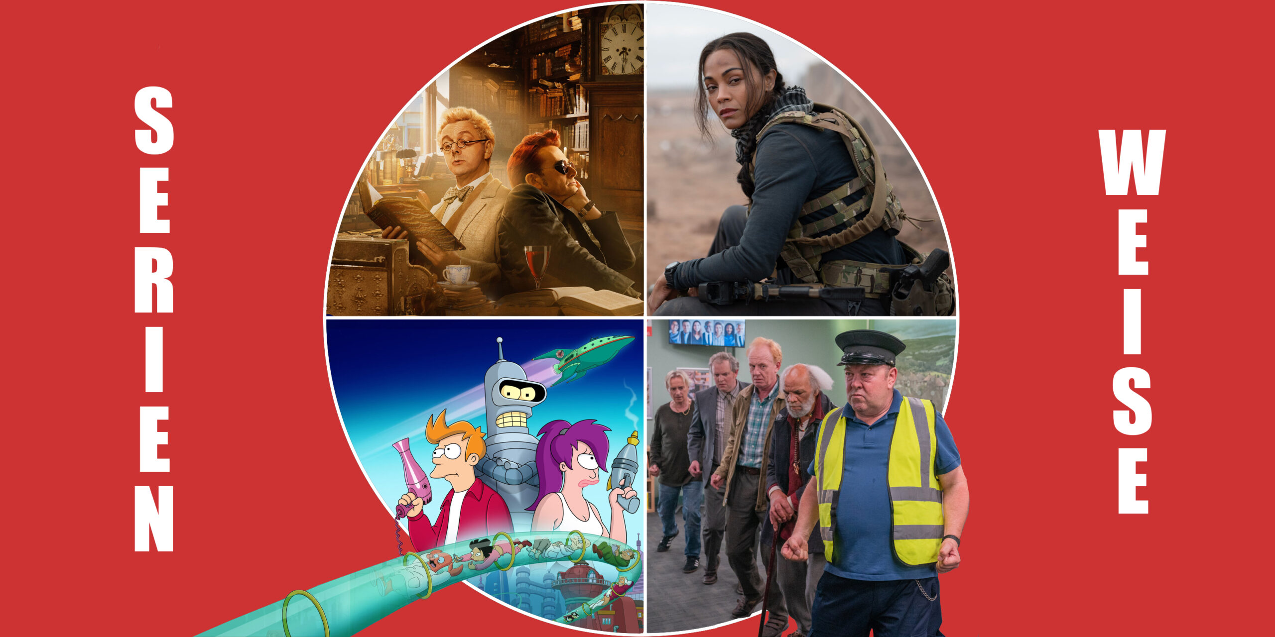"Good Omens" (c) Prime Video / "Special Ops: Lioness" (c) Paramount+ / "Ganz oder gar nicht" und "Futurama" (c) Disney+